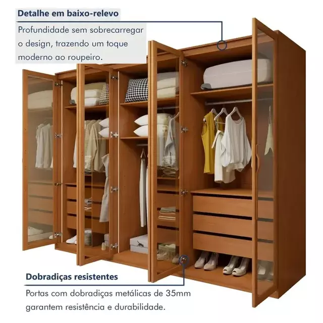 GUARDA ROUPA 06 PTS SUAVITA 6PT GLA COR AMENDOA CLEAN C6 PTS GLASS COM LED