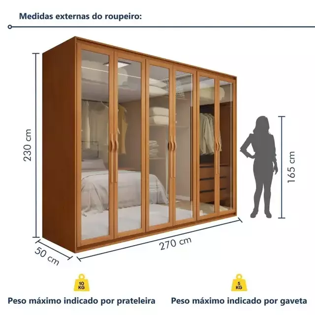 GUARDA ROUPA 06 PTS SUAVITA 6PT GLA COR AMENDOA CLEAN C6 PTS GLASS COM LED