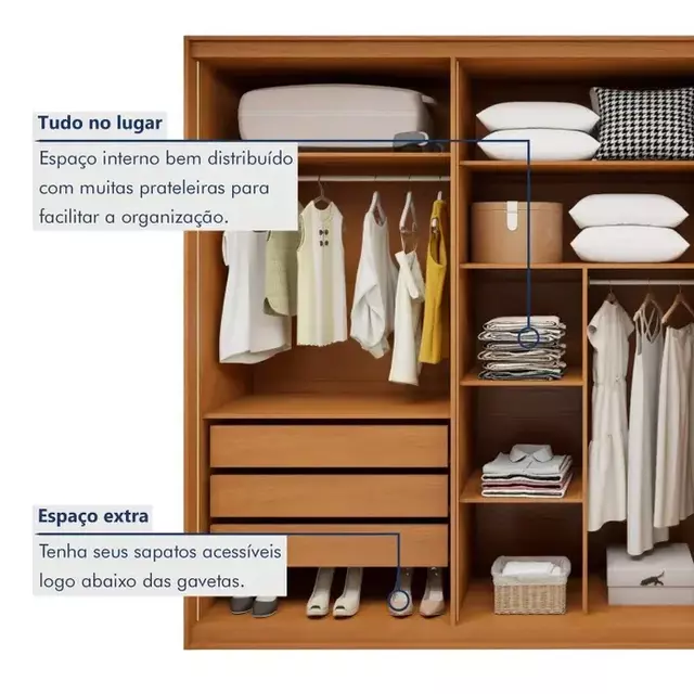 GUARDA ROUPA 06 PTS SUAVITA 6PT GLA COR AMENDOA CLEAN C6 PTS GLASS COM LED