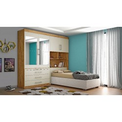 CONJUGADO SOLTEIRO LYON 100%MDF COM CAMA BAU ESPELHADO AMENDOA/ OFF WHITE 185,5 x 218,5 x 272