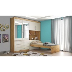 CONJUGADO SOLTEIRO LYON 100%MDF COM ESPELHO CABECEIRA BAÚ - AMENDOA / OFF WHITE