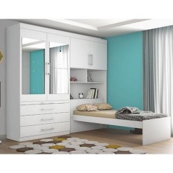 CONJUGADO SOLTEIRO LYON 100%MDF COM ESPELHO CABECEIRA BAÚ - BRANCO