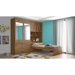CONJUGADO SOLTEIRO LYON 100%MDF COM ESPELHO CABECEIRA BAÚ - BRAÚNA