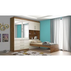 CONJUGADO SOLTEIRO LYON 100%MDF COM ESPELHO CABECEIRA BAÚ - BRAÚNA / OFF WHITE
