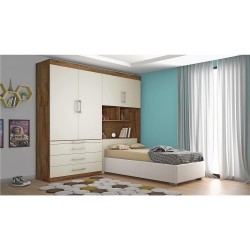 CONJUGADO SOLTEIRO LYON 100%MDF COM CABECEIRA BAÚ - BRAÚNA / OFF WHITE